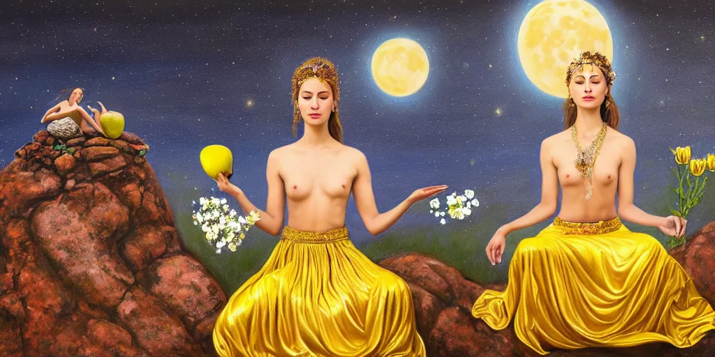 Prompt: very realistic beautiful painting of a goddess wearing a long metallic golden skirt covering her whole body holding flowers and levitating a pear, sun on the left moon on the right as she is sitting on a rock at night time, realistic 8K HD