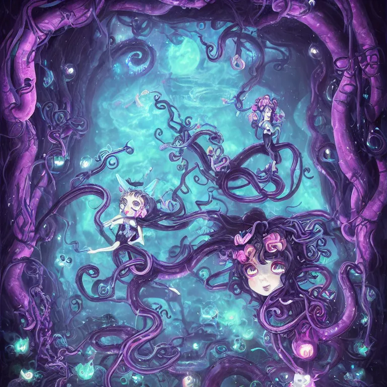 Image similar to A dark fairy from the Abyss. Lit from above. Thick Atmosphere. Sailor Moon. Tentacles. Cute. Kawaii. Chibi. Neon Accents. Bioluminescence. By Lisa Frank and HR Giger. Key Art. Fantasy Illustration. award winning, Artstation, intricate details, realistic, Hyperdetailed, 8k resolution.