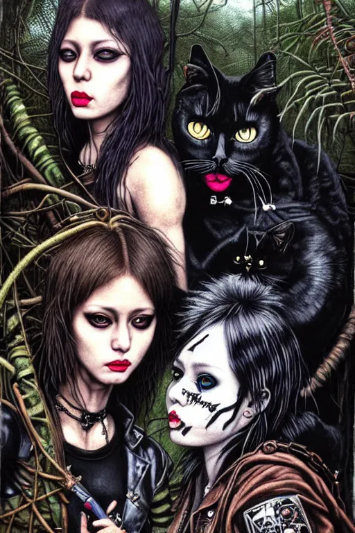 Image similar to punk rock girls kissing and making selfie with black cats in jungle , 1980 style by by Ayami Kojima, mad max jacket, post apocalyptic, Cyberpunk, renaissance, Gothic, mystic, highly detailed, digital painting, 4k, fog, oil painting by Leonardo Da Vinci, hyper realistic style, fantasy by Olga Fedorova