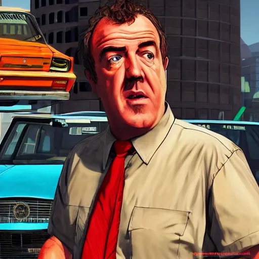 Image similar to Jeremy Clarkson in GTA V, cover art by Stephen Bliss, artstation, no text