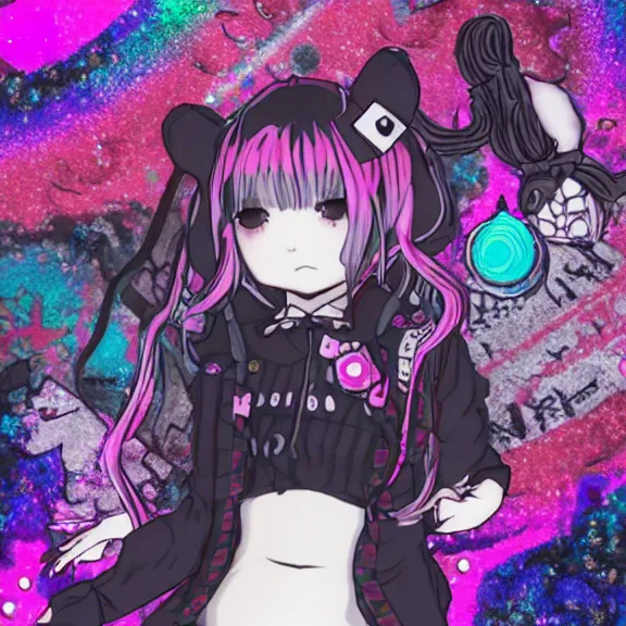 Image similar to sanrio glitchcore yokai girl, shadowverse character concept, found footage horror, glitter gif | Fatalistic (Bleak, Gloomy) | d anime decora gyaru kawaii fashion model, v tuber, darling in the frank,asuka, anime best girl, with glitch and scribble effects, psychedelic colors, 3d render octane, by wlop, wenjr, beeple, artstation,imaginefx