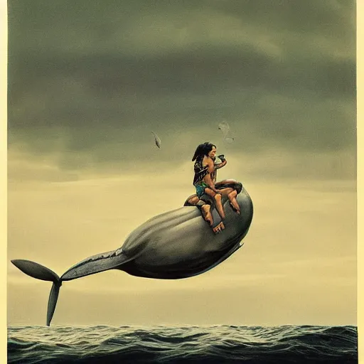 Prompt: maori girl riding a whale in ocean ,in the rain, style of Hiroshi Sugimoto ,atmospheric illustration,