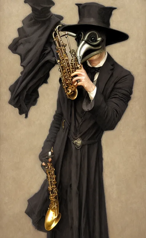 Image similar to portrait of man in black trench coat, holding an alto saxophone and wearing steam punk plague doctor mask and a black top hat, highly detailed, artstation, concept art, by krenz cushart and donato giancola and william adolph bouguereau and alphonse mucha,