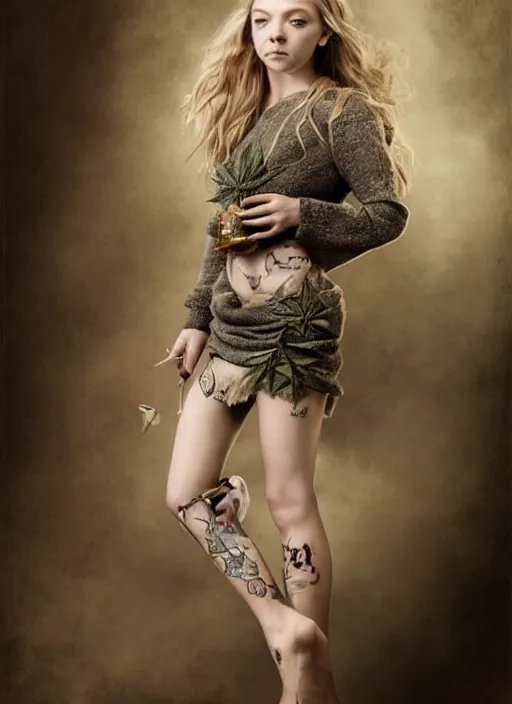 Prompt: natalie dormer wearing miniskirt made of marijuana with fox - tail, beautiful tattoos, focus, zeiss lens, detailed, symmetrical, centered, by nicoletta ceccoli, mark ryden, lostfish, earl nore, hyung tae, frank frazetta, breathtaking, 8 k resolution, extremely detailed, beautiful, artistic, hyperrealistic, award - winning photography