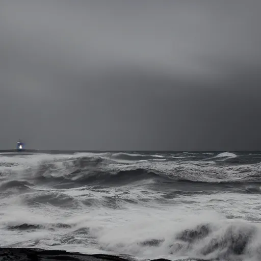 Image similar to stormy ocean at midnight, dark storm clouds overhead, lighthouse in the background concealed by fog, hurricane, dark midnight sky