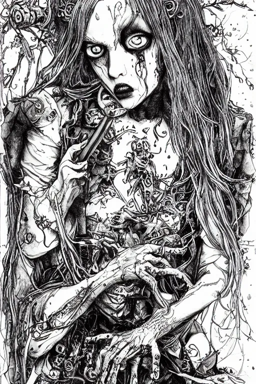 Image similar to zombie Alice in wonderland tarot card , pen and ink, intricate line drawings, by Yoshitaka Amano, Ruan Jia, Kentaro Miura, Artgerm, watercolor