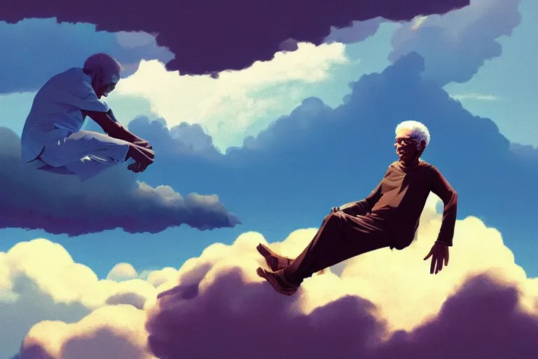 Image similar to Pixiv Digital art Full Body Extreme Detailed Full and Isolated and singular portrait of Morgan Freeman sitting on a Cloud in the sky. His legs are crossed lotus position in the scene is full of clouds by Ilya Kuvshinov and Greg Rutkowski