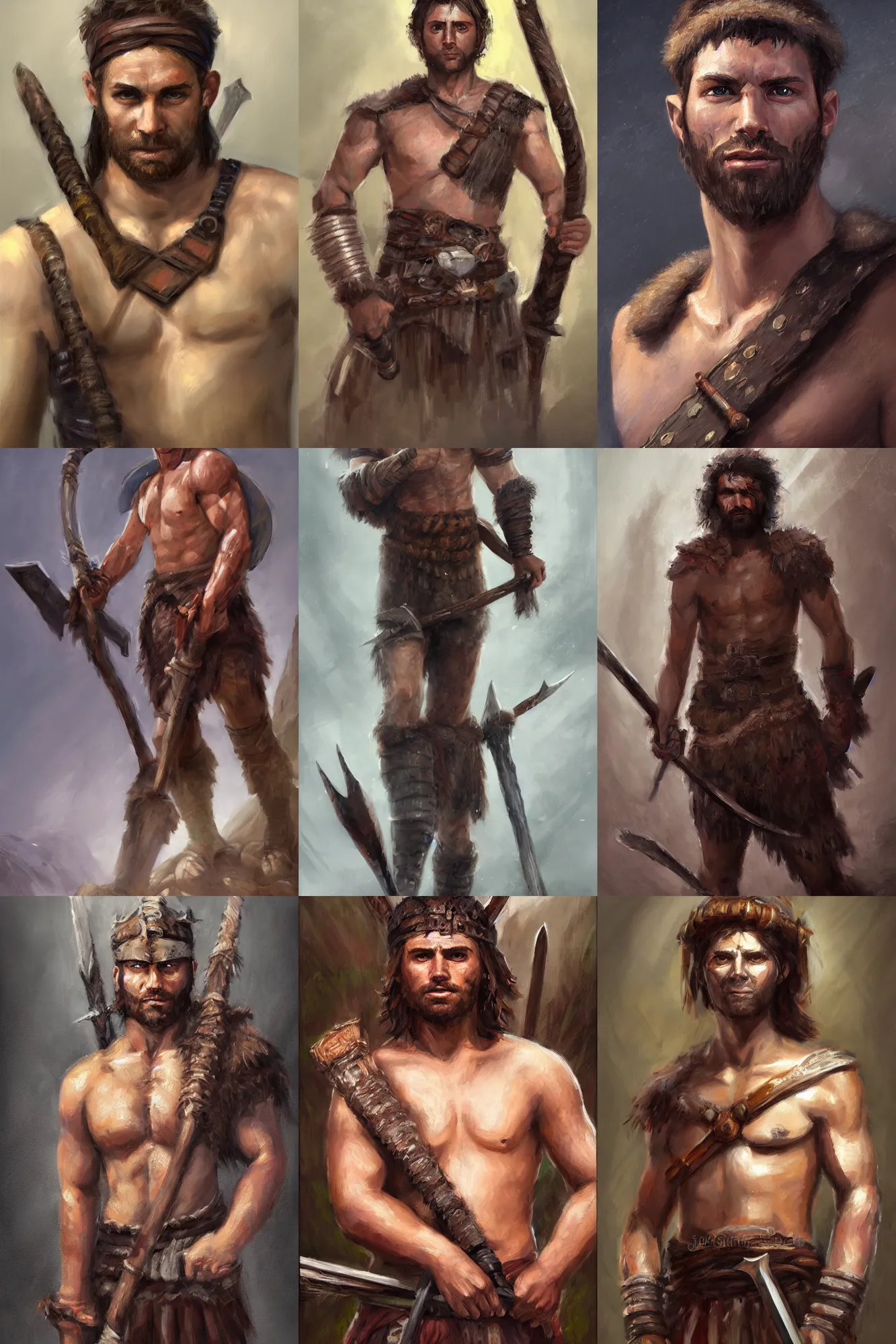 Prompt: a full body and face fantasy portrait oil painting illustration of a single young stoic barbarian man by Justin Sweet with face and body clearly visible, visible pupils, smooth brushwork, d&d, rpg, forgotten realms, artstation trending, high quality, sombre mood, artstation trending, muted colours, no crop, entire character!,