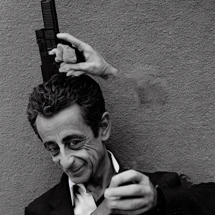 Image similar to very detailed and textured photo portrait of Nicolas Sarkozy with a glock, by Steve McCurry, cinestill 800t 18mm 4k, movie still