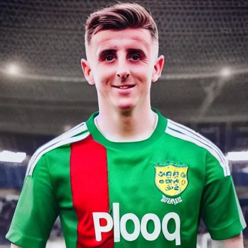 Image similar to “A realistic photo of English football player Mason Mount as a humanoid android with shiny skin and wearing his soccer uniform close up very detailed”