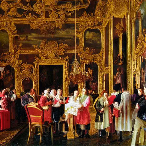 Image similar to people drinking red wine named roi soleil in versailles castle, realistic painting