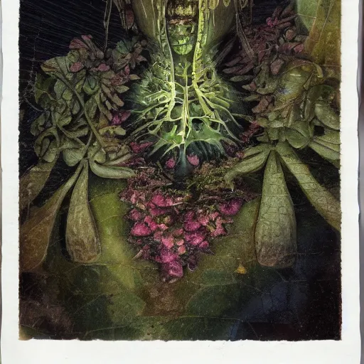 Image similar to a beautiful detailed front view portrait of a rotten woman corpse with fractal plants and fractal flowers growing around, volumetric light, beautiful lit, polaroid photography