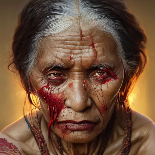 Image similar to portrait painting of a muscular bloodied indian old woman, ultra realistic, concept art, intricate details, eerie, highly detailed, photorealistic, octane render, 8 k, unreal engine. art by artgerm and greg rutkowski and alphonse mucha
