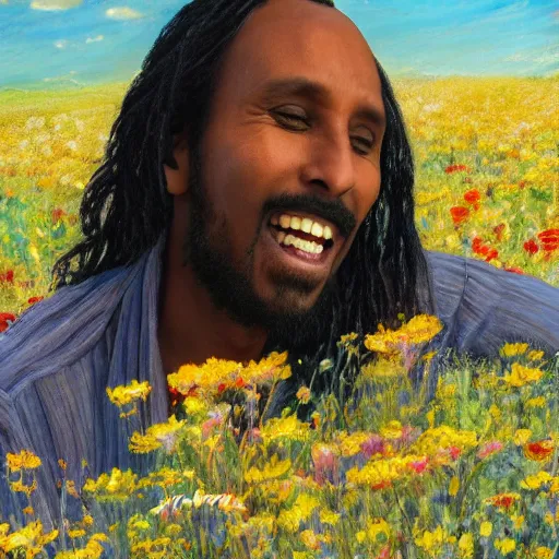 Image similar to a somali man with long hair in a vast field of flowers, relaxing, wide shot, golden hour, vintage, impressionist painting, fine art, oil painting, dreamy, pastel, laughing, happy, intricate details, sharp, peaceful, serene