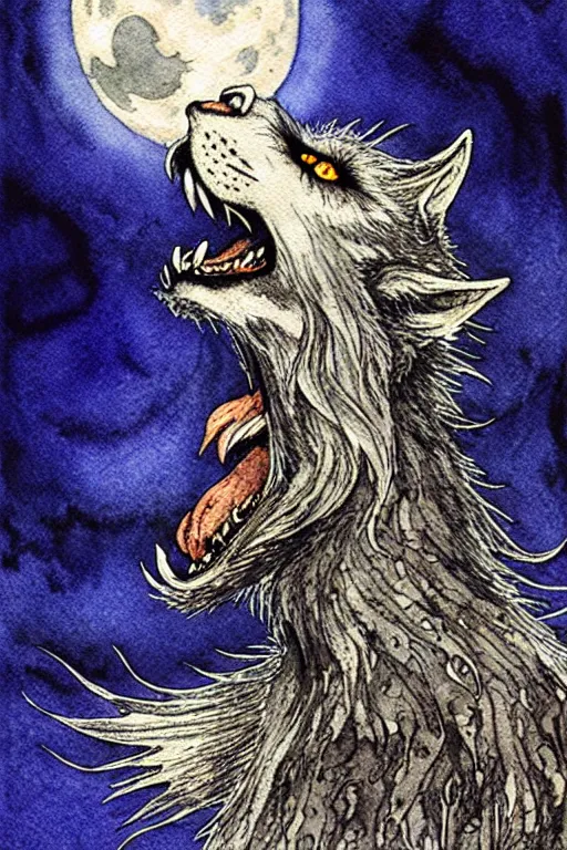 Image similar to one detailed werewolf howling at the moon, art by luis royo and walter crane and kay nielsen, watercolor illustration, ultra sharp focus, wot