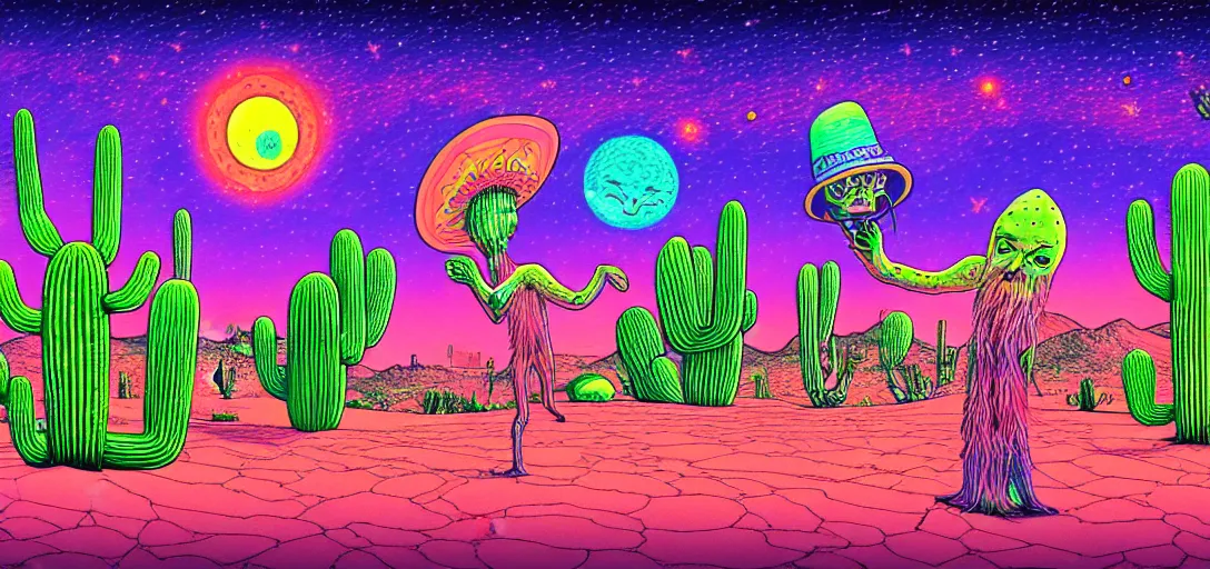 Image similar to A hand drawn digital still of mystical desert with strange ethereal creatures and cactus with a psychedelic night sky, A alien with a sombrero is walking thru the desk drunk drinking a beer in the style of Alex Grey and Moebius, risograph, Artstation HD, 8k, Surrealistic digital artwork,