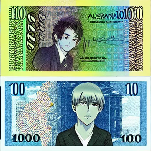 Prompt: australian $ 1 0 0 note, manga style