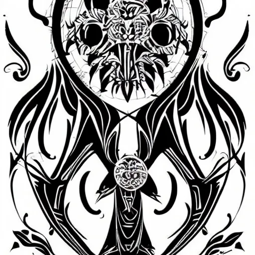 Prompt: a vector tattoo design in the style of victorian florid ornament, and in a spiky tribal style, and in the style of h. r. giger.