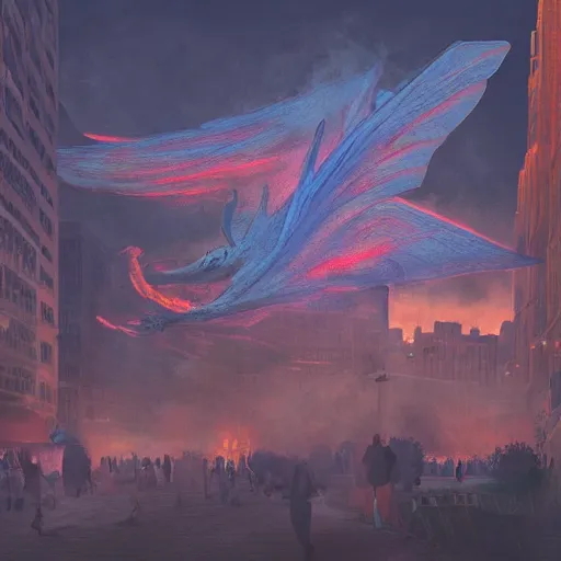 Image similar to dimly lit central smoke, muted multi-color lapis, muted neon smoke, ground fog, central smoke with vague feathered outline of fierce flying dragons with large vague outstretched wings, sun shaft, large city park