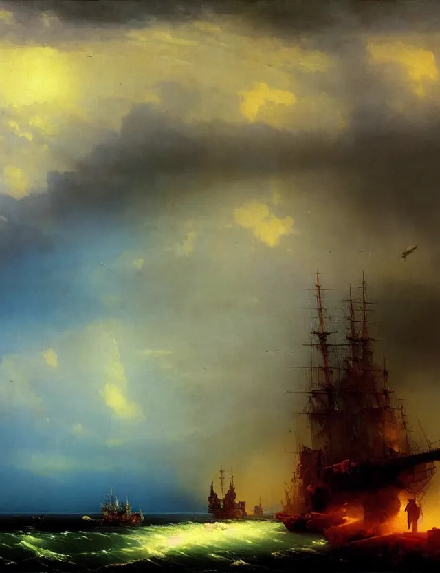 Prompt: post apocalypic city and sea dramatic art station aivazovsky