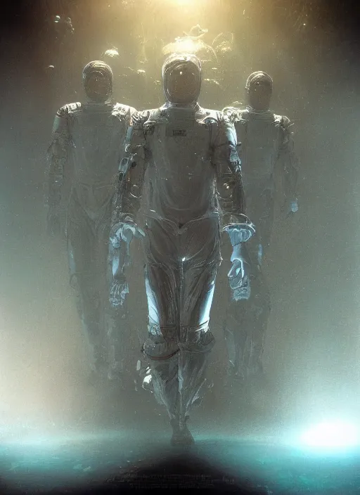 Image similar to astronauts in dark void underwater - complex and hyperdetailed technical suit. reflection and dispersion materials. rays and dispersion of light. volumetric light. f / 3 2. noise film photo. flash photography. ultra realistic, wide angle. poster by wayne barlowe, hajime sorayama aaron horkey, craig mullins