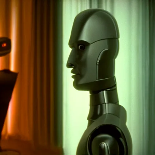 Prompt: movie scene of a man with a robot head, movie still, cinematic lighting, Movie by David Lynch
