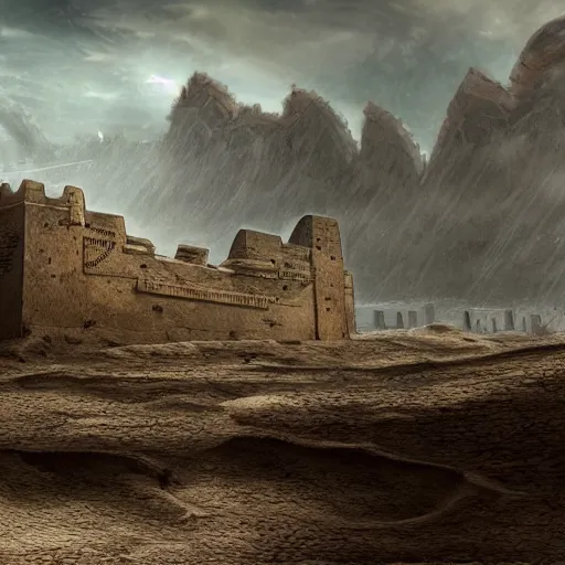 Prompt: a fortress in the middle of a barren landscape, distant, leering, realistic, concept art, dramatic, artstation, war torn