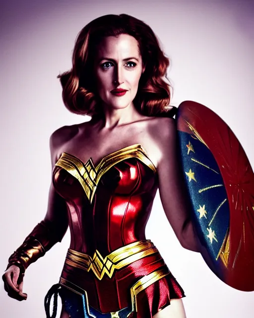 Image similar to photo of a beautiful 4 0 - year - old gillian anderson dressed as wonder woman by mario testino and stanley lau, detailed, award winning, sony a 7 r, trending on artstation