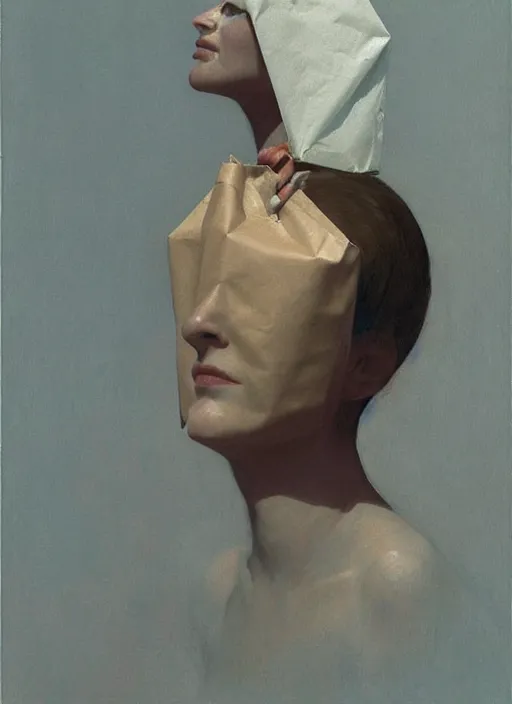 Image similar to woman in paper bag over the head flooded oxygen tank Edward Hopper and James Gilleard, Zdzislaw Beksinski, highly detailed