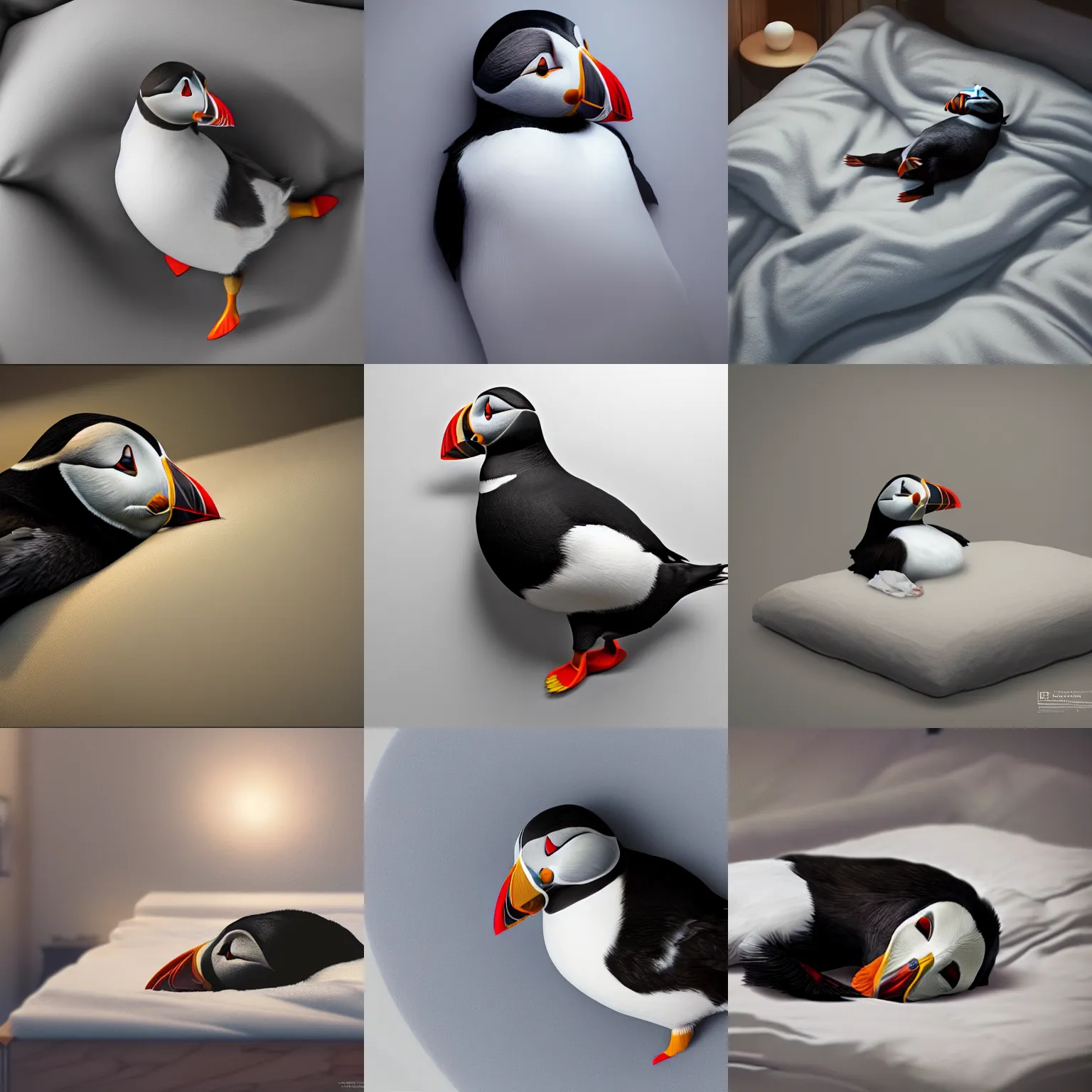 Prompt: puffin sleeping in an oversized bed, concept art, cgsociety, octane render, trending on artstation, artstationHD, artstationHQ, unreal engine, 4k, 8k --height 768