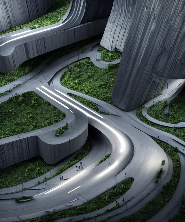 Image similar to denis villeneuve establishing shot of modern bjarke ingels condo building and gotthard tunnel entrance combined, roads tunnel under bjarke ingels condo building, lush nature environment, beautiful lighting, scifi artstation digital concept art, unreal engine, hyper realism, realistic shading, cinematic composition, blender render, octane render, wide shot