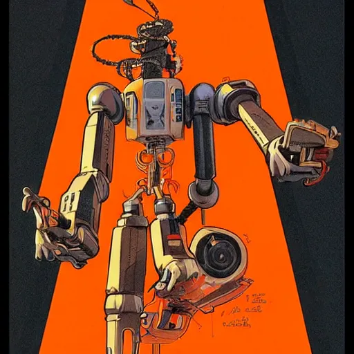 Image similar to mechanic with robot legs. orange and black color scheme. concept art by james gurney and mœbius.