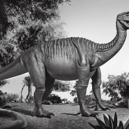 Prompt: vintage photograph of a real dinosaur at the san diego zoo, high definition, slr, photo realism, golden hour, detailed skin, 4 k