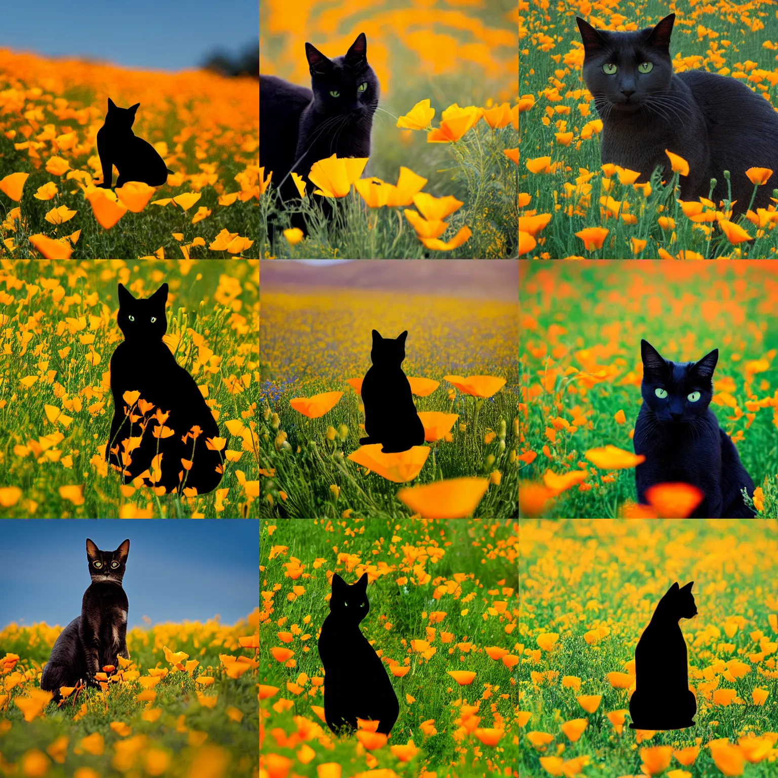 Prompt: silhouette image of a cat sitting in california poppies field