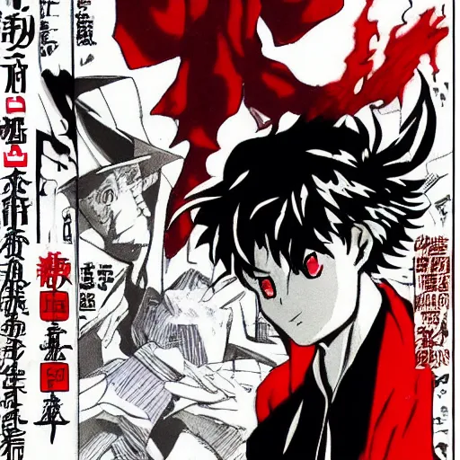 Image similar to Spike Spiegel fire Wizard Mage Wearing a red robe whilst disguised as devil standing in the office uta natsume naoko rumiko takahashi katsuhiro otomo Alexey Egorov Inio Asano sui ishida anime mangaka