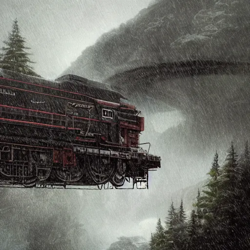 Prompt: long shot of a high octane fight scene on top of a moving train heading into the tunnel of a tall mountain surrounded by forest on a rainy day at dusk, digital painting, matte painting, artstation, art by artgerm and greg rutkowski and alphonse mucha, highly detailed, intricate, octane render, 8 k, unreal engine