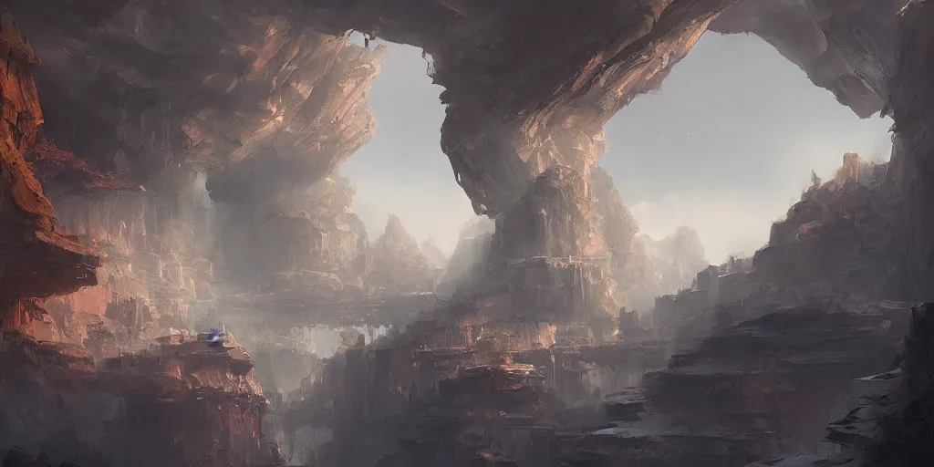 Image similar to a busy science - fiction base hidden in a canyon, river, morning, james paick, artstation