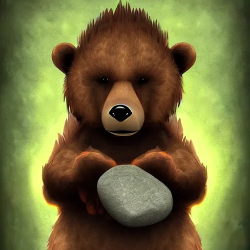 Prompt: fantasy digital art of an evil bear with human hands and fingers holding rocks.