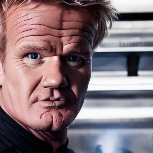 Prompt: gordon ramsey starring as robocop movie, movie still, 8 k