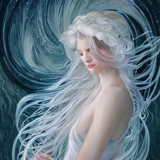 Image similar to a photograpic portrait of a anthropomorphic bioluminescent water wave wearing white clothes, fantasy, intricate, elegant, highly detailed, digital painting, artstation, concept art, smooth, sharp focus, illustration, art by artgerm and H R Giger and alphonse mucha