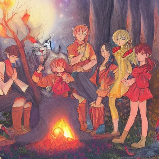 Image similar to a painting of a group of people around a fire while a wolf god watches them, a storybook illustration by naoko takeuchi, behance contest winner, fantasy art, artstation hq, official art