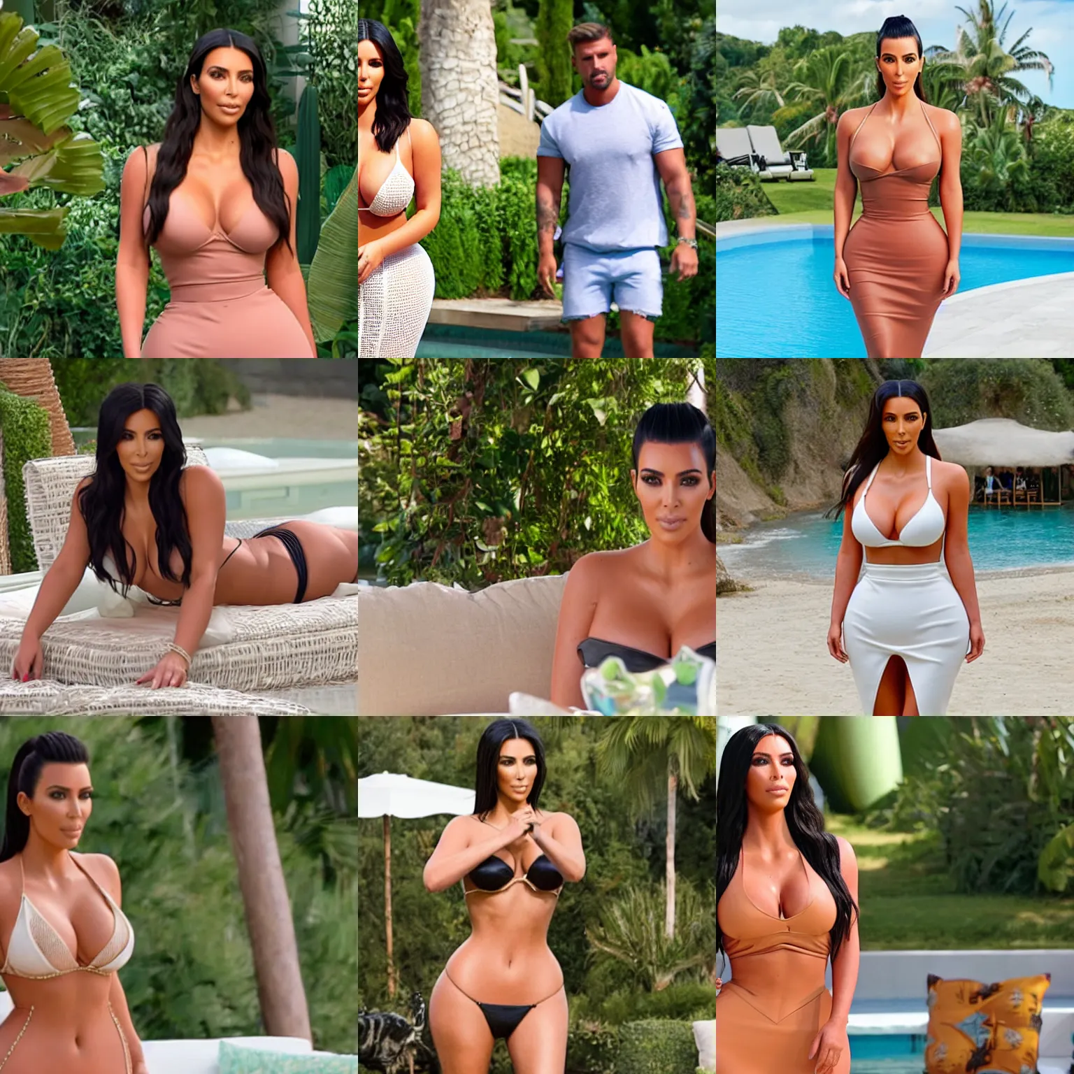 Prompt: Film still of Kim Kardashian on Love Island