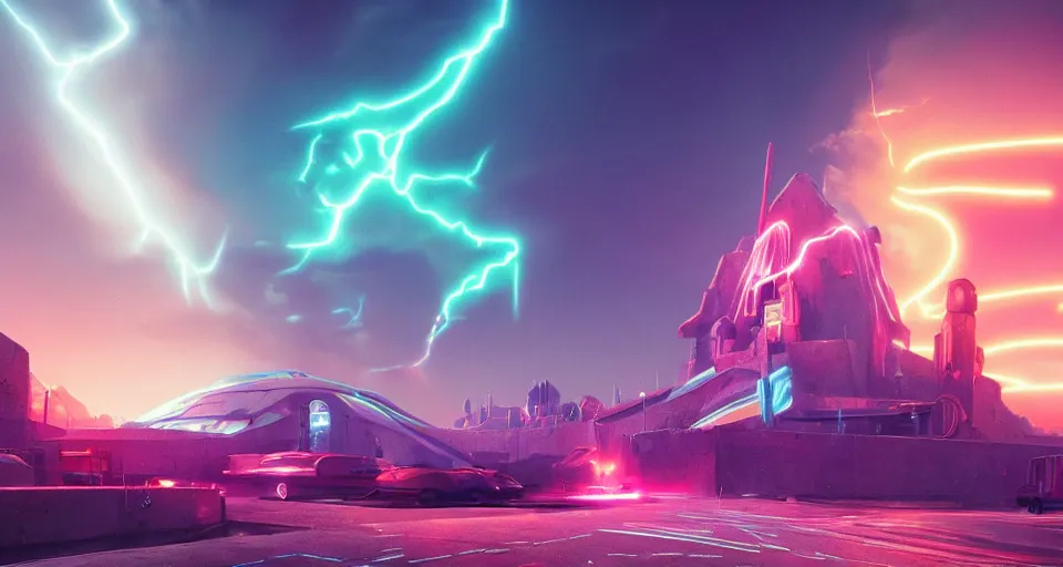 Image similar to Landscape with GIANT neon lightning bolt striking a futuristic castle, center composition, cinematic, rendered by simon stålenhag, rendered by Beeple, Makoto Shinkai, syd meade, environment concept, digital art, starwars, unreal engine, 3 point perspective, WLOP, trending on artstation, low level, 4K UHD image, octane render,