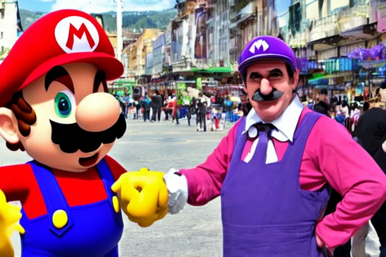 Image similar to photo of real life mario meeting real life waluigi in the market