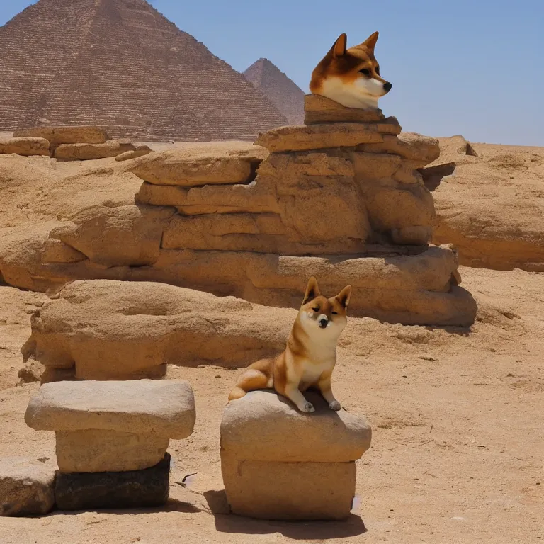 Image similar to a shiba-inu stone sphinx in the egyptian desert