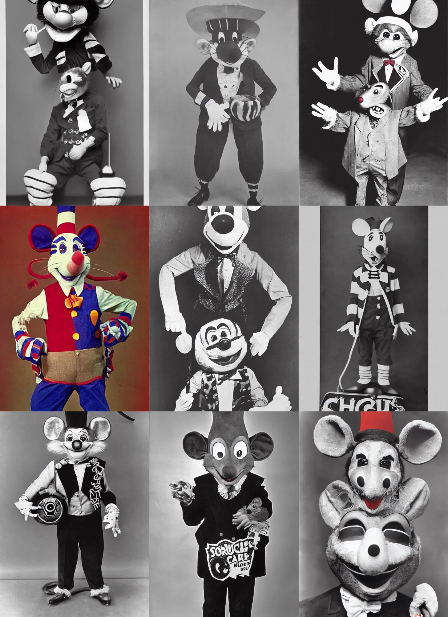 Image similar to Chuck E. Cheese mascot grainy 1940’s circus portrait of an anthropomorphic rat animatronic dressed like a clown, professional portrait HD, mouse, Chuck E. Cheese head, authentic, mouse, costume weird
