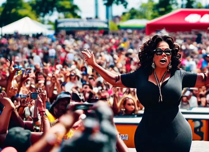 Image similar to photo still of oprah winfrey at the vans warped tour 2 0 1 8!!!!!!!! at age 3 6 years old 3 6 years of age!!!!!!!! tossing bags of money into the crowd, 8 k, 8 5 mm f 1. 8, studio lighting, rim light, right side key light