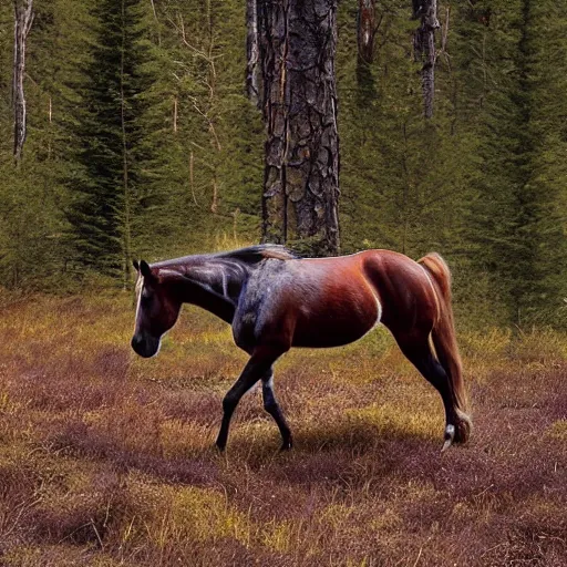 Prompt: a galloping wild horse at an old-growth-forest, by national-geographic