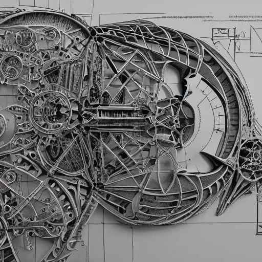 Image similar to A concept of a detailed and intricate design of a mechanical deconstructor 3d design, great finesse organic hyper detailed, engineering blueprints, technical drawings, calculus, stained paper