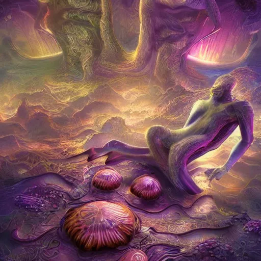 Prompt: sleep paralysis while on mushrooms, astral realm, mushroomcore, naturecore, biopunk, high quality art, digital art, extreme detail, masterpiece